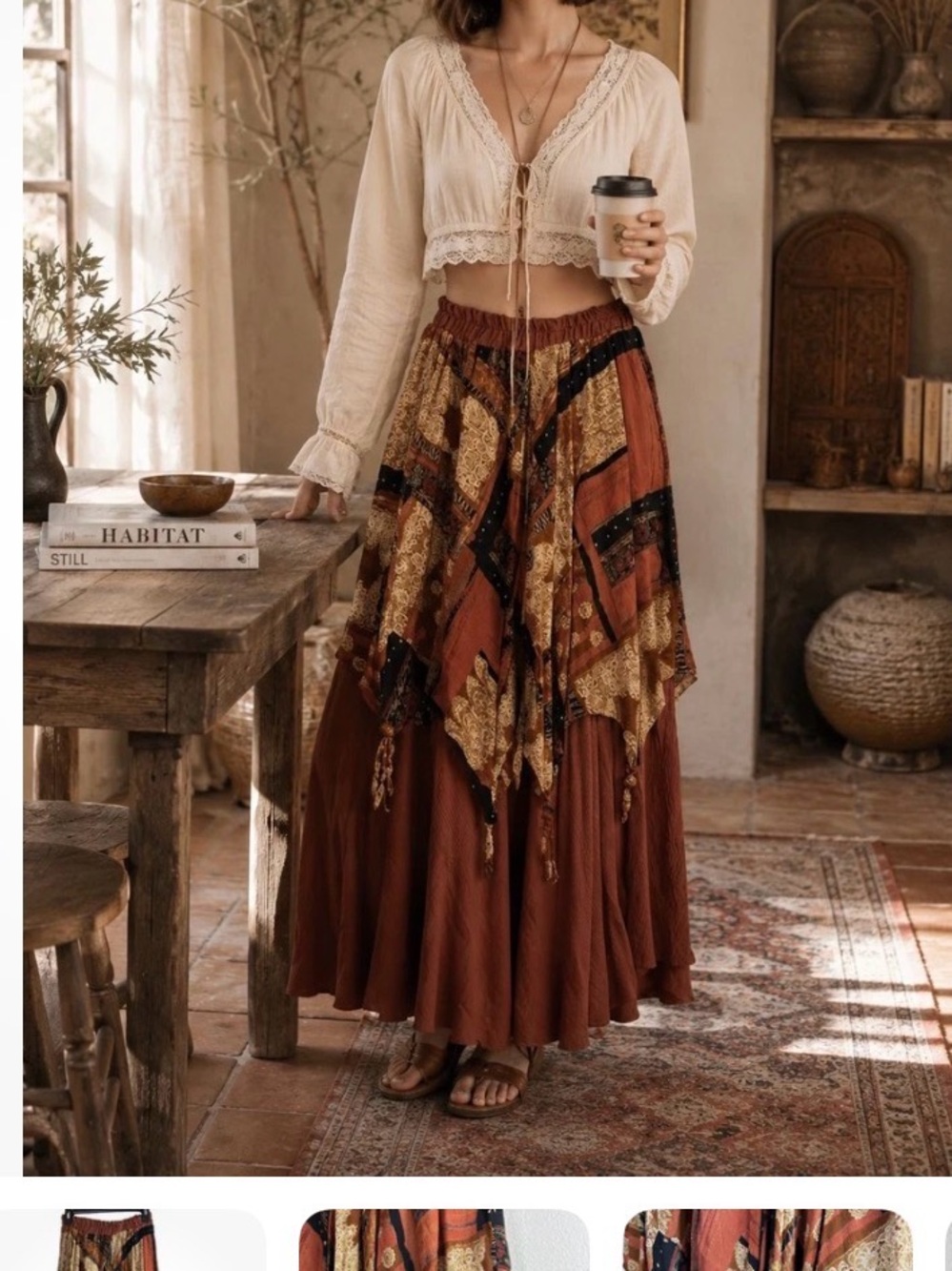 Boho Tiered Maxi Skirt in Rust Patchwork